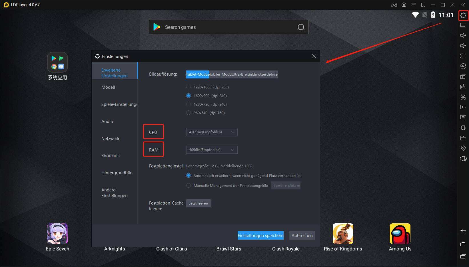 Wie wird die CPU und den RAM von LDPlayer erhöht?