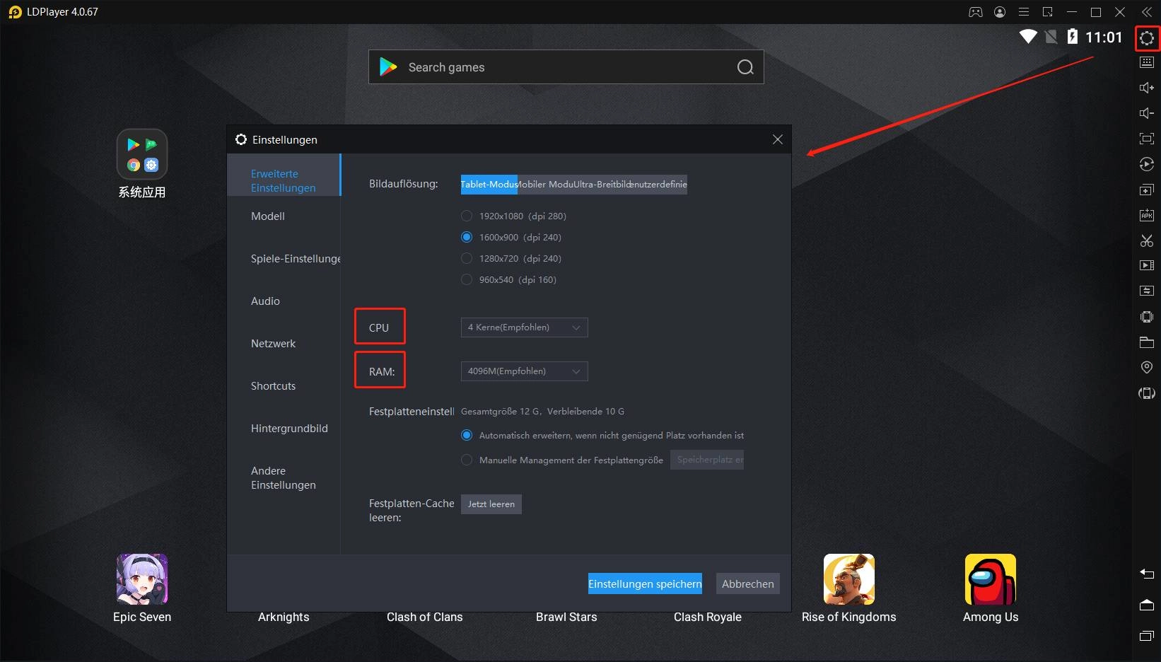 Wie wird die CPU und den RAM von LDPlayer erhöht?