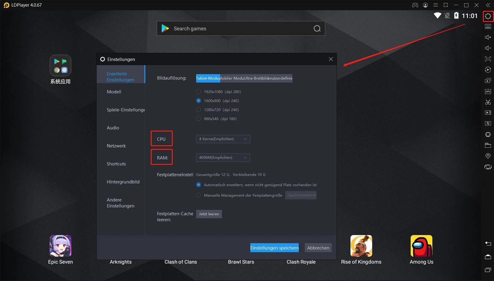 Wie wird die CPU und den RAM von LDPlayer erhöht?