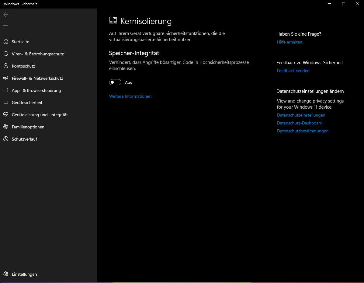 Deaktiviere Kern-Isolation in Windows Sicherheit
