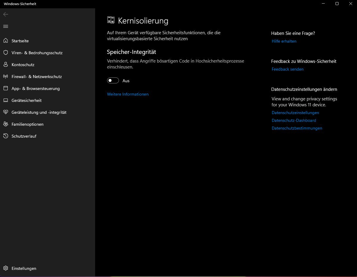 Deaktiviere Kern-Isolation in Windows Sicherheit