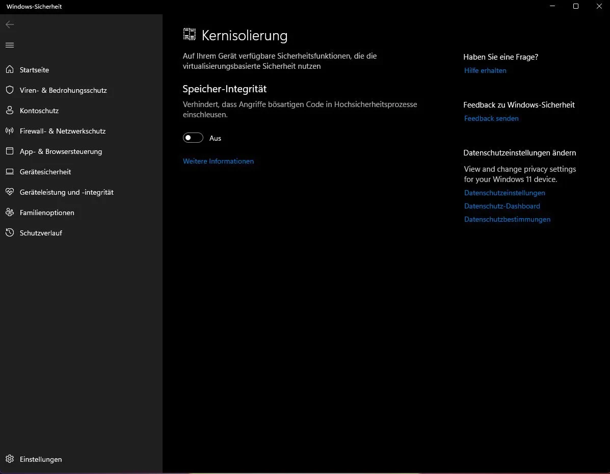 Deaktiviere Kern-Isolation in Windows Sicherheit