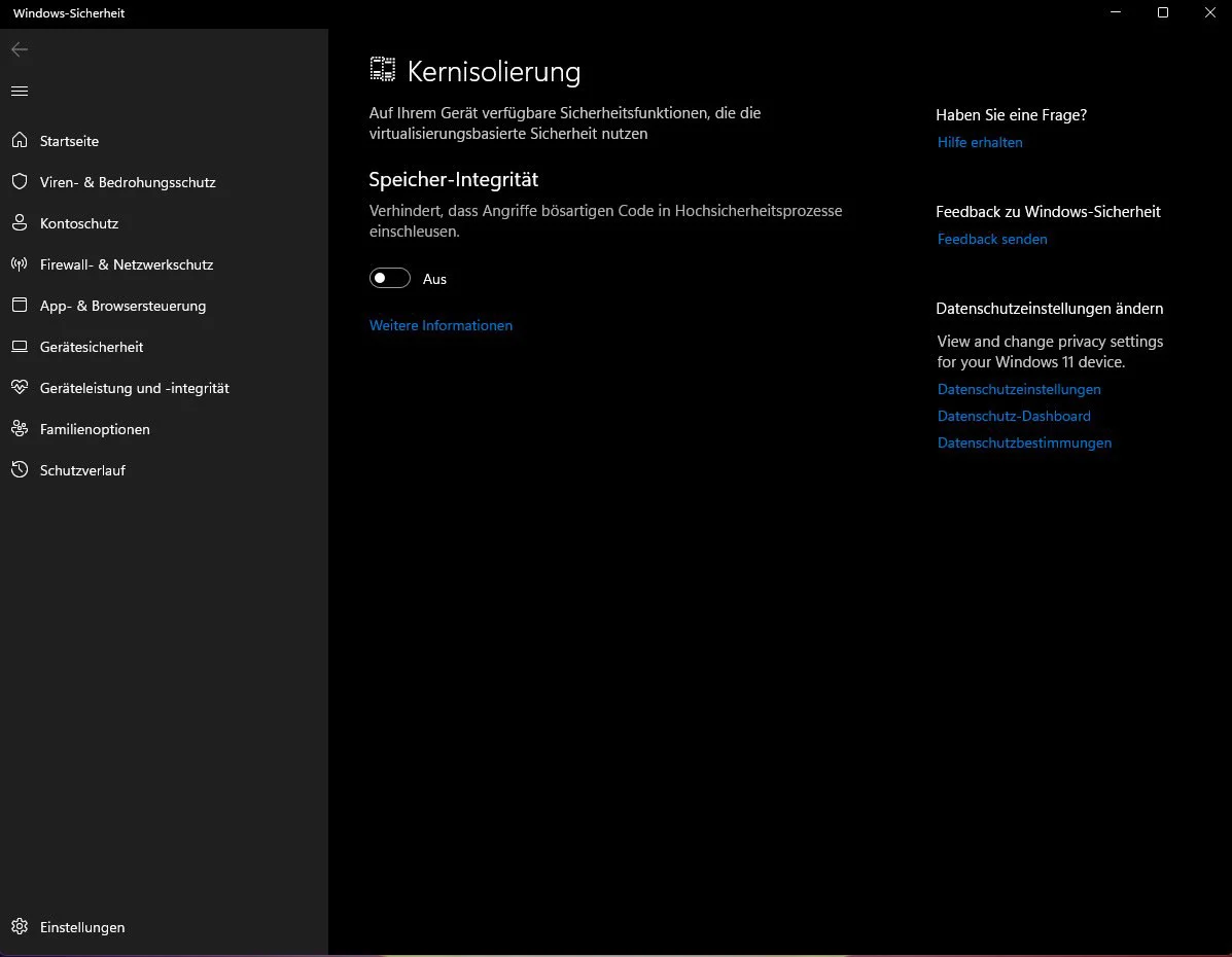 Deaktiviere Kern-Isolation in Windows Sicherheit