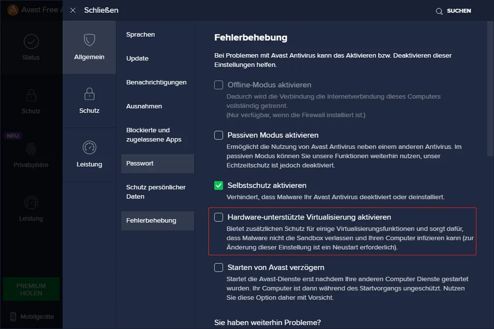 Deaktiviere die hardwareunterstützte Virtualisierung in Avast, um die Geschwindigkeit zu erhöhen