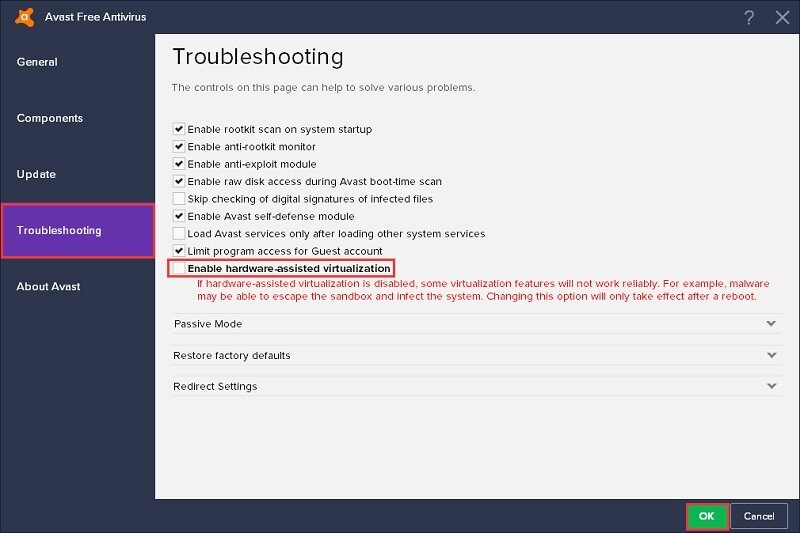 Uncheck Enable hardware-assisted virtualization in Avast