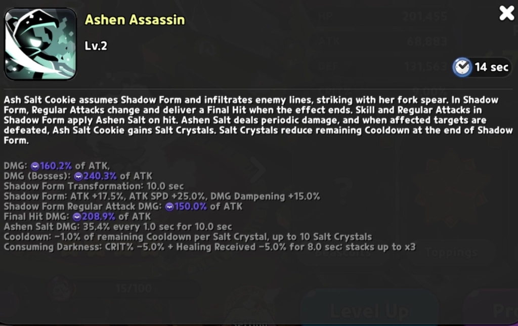 Ash Salt Cookie Ashen Assassin Skill Breakdown A detailed breakdown of Ash Salt Cookie's skill, Ashen Assassin, in Cookie Run: Kingdom, showcasing her Shadow Form mechanics, cooldown reduction via Salt Crystals, and Ashen Salt damage-over-time (DoT) effects.