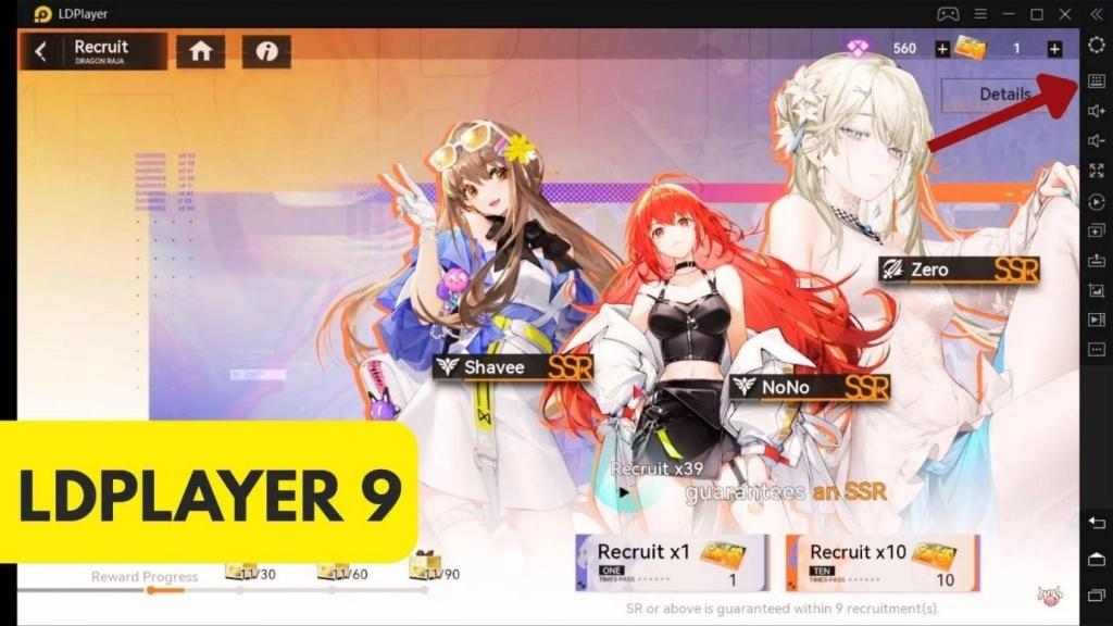 Tampilan Dragon Raja di LDPlayer dengan tiga orang karakter cantik dan beberapa kota hadiah.