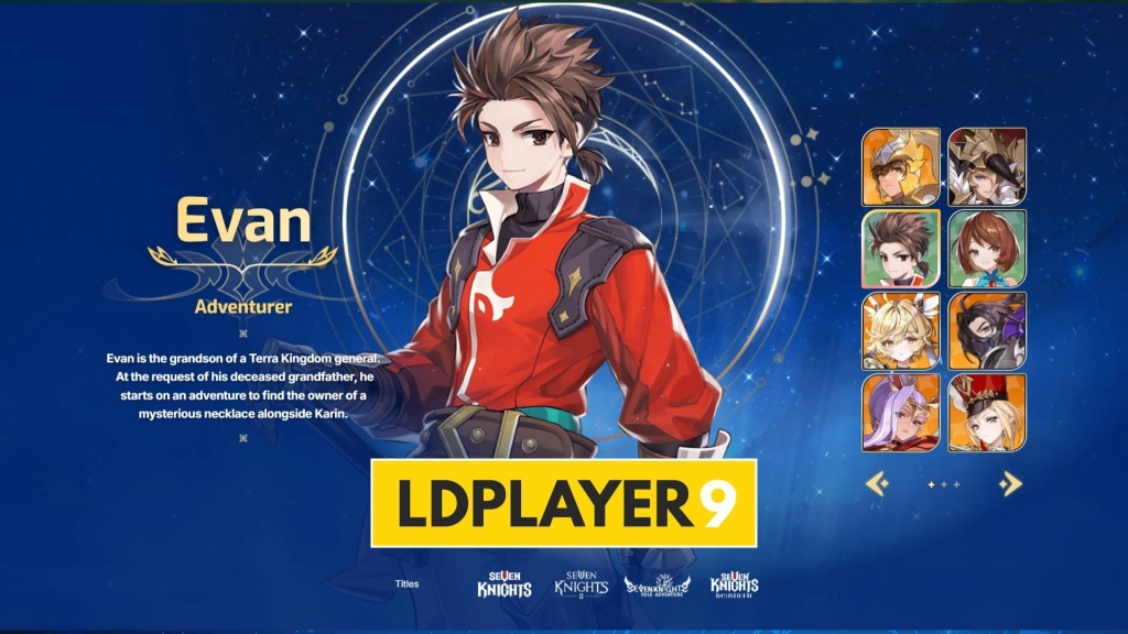 Potret karakter Evan dari Seven Knights, seorang petualang muda dengan pakaian merah, ditampilkan bersama deskripsi latar belakangnya.