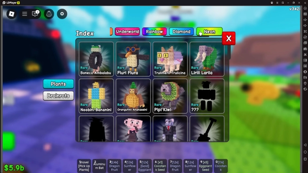 Indeks tanaman yang sudah didapatkan oleh pemain dan hanya beberapa yang tersisa terlihat belum didapatkan.