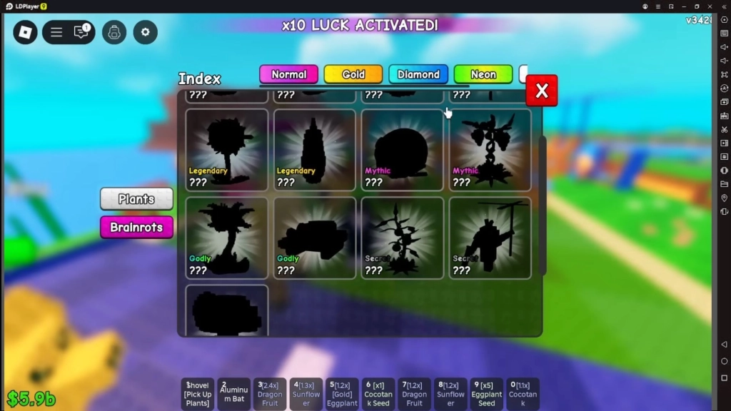Daftar tanaman Roblox: Plants vs Brainrots yang masih misterius atau belum diperoleh dengan tampilan warna hitam.