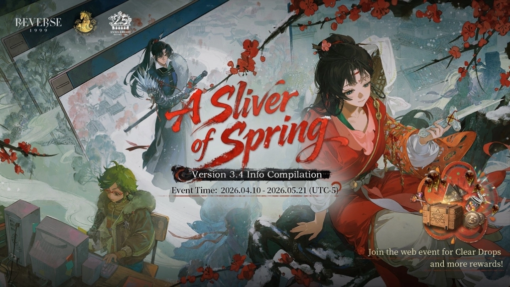 A promotional banner for the "Spring Unending" Version 3.4 update, featuring the new characters and the event duration from April 10 to May 21, 2026.
