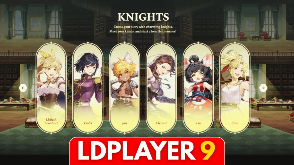 Deretan karakter ksatria utama Goddess Order dengan latar ruang perpustakaan, ditampilkan di LDPlayer 9.