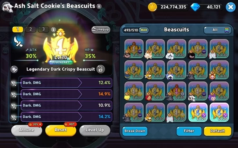 Best Beascuit Stats Priority for Ash Salt Cookie A priority table and setup guide for Ash Salt Cookie's Beascuits, ranking Dark DMG, ATK SPD, ATK, and DMG Resist Bypass as the optimal stats for maximizing her Darkness-element damage.