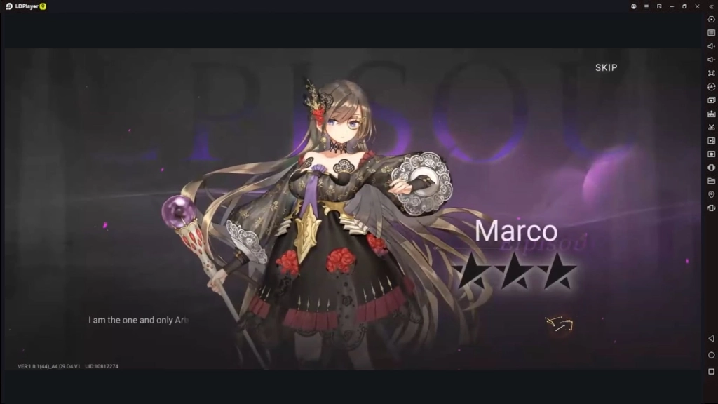 Animasi summon karakter Marco bintang empat di Elpis: Fallen Star dengan kostum hitam elegan.