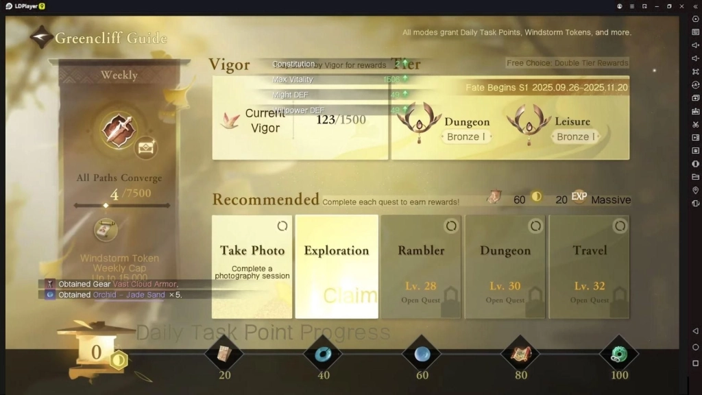 Tampilan menu Greencliff Guide di Sword of Justice.