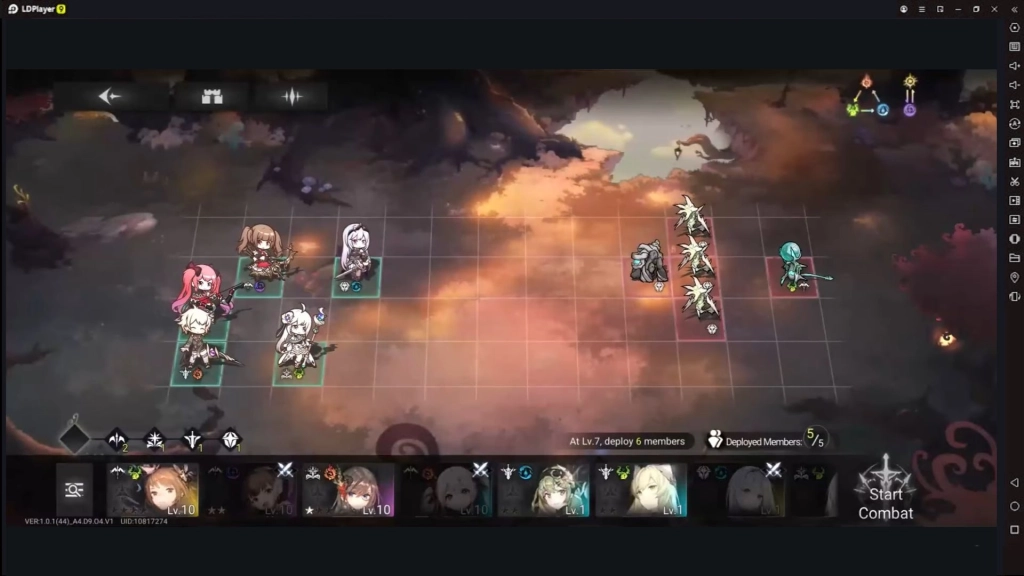 Tampilan gameplay Elpis: Fallen Star dengan formasi tim chibi karakter melawan monster di grid pertempuran.