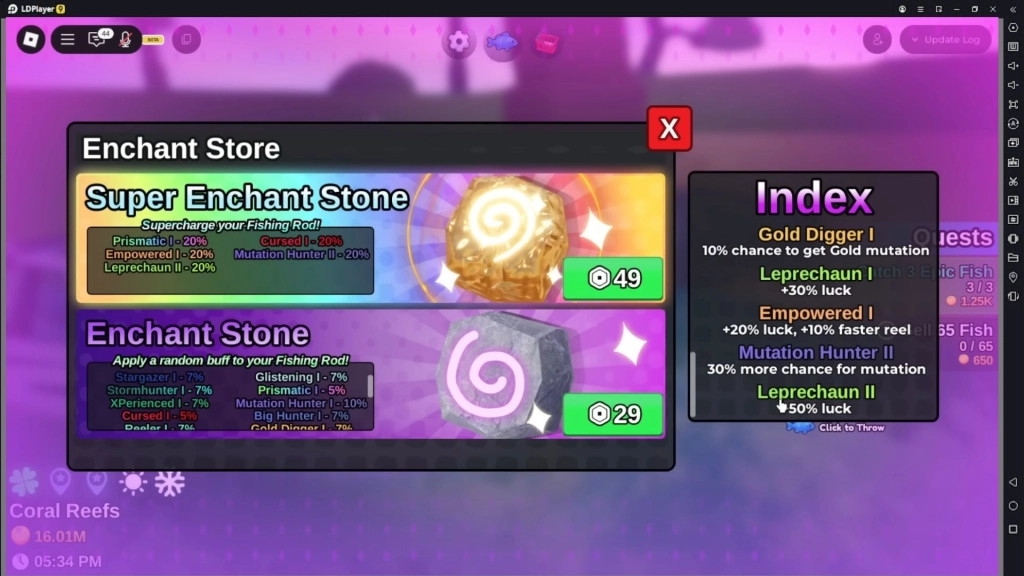 Menu Enchant Store di game Roblox Fish It! menampilkan pilihan Super Enchant Stone seharga 49 Robux dan Enchant Stone seharga 29 Robux. Di sebelah kanan terlihat daftar efek seperti Gold Digger, Leprechaun, Empowered, dan Mutation Hunter.