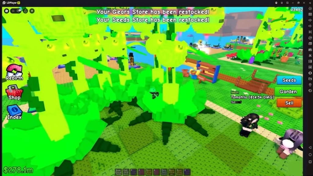 Tanaman hijau yang besar tampak memenuhi layar sedangkan karakter lain telihat sangat kecil.