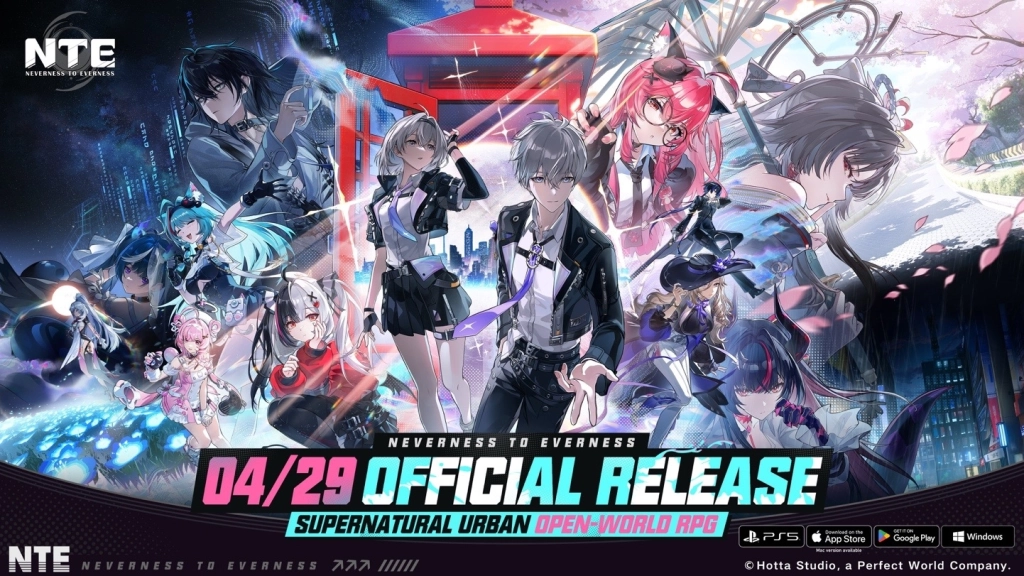 A promotional banner for the supernatural urban open-world RPG "Neverness to Everness" showing the official release date of April 29th alongside various anime-style characters. The text above introduces the Esper Cycle and the importance of elemental lanes in team building.