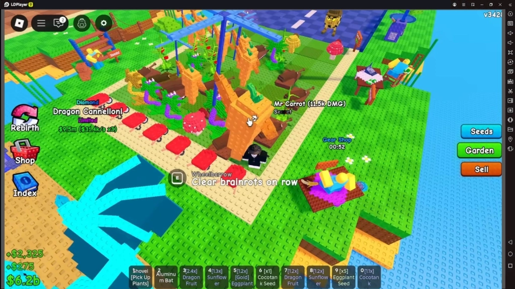 Gambar area bermain Roblox: Plants vs Brainrots dengan beberapa tanaman tampak disusun dengan rapi.
