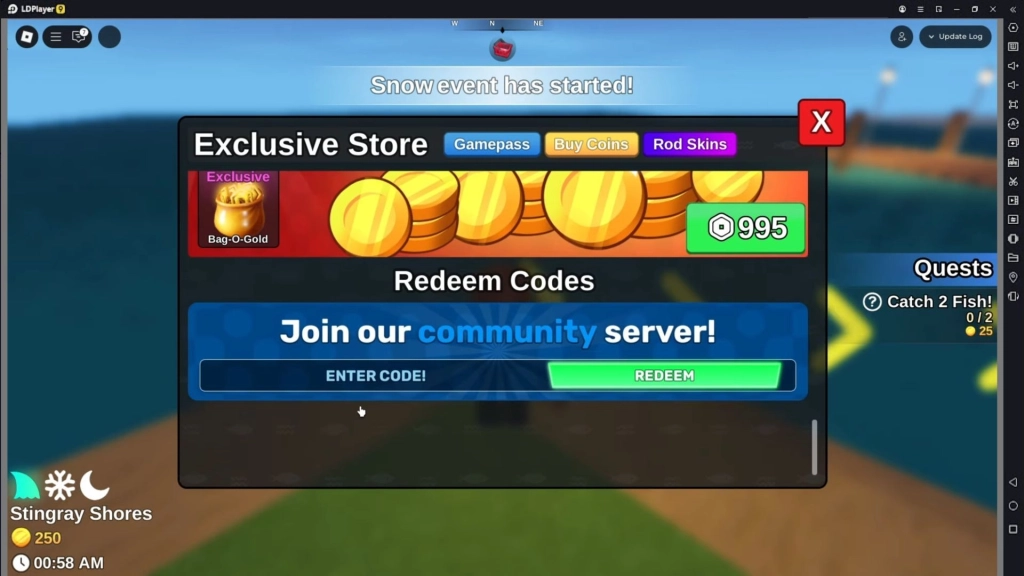 Menu Exclusive Store Roblox Fish It! menampilkan opsi pembelian Bag-O-Gold dengan harga 995 Robux. Terdapat juga kolom untuk memasukkan kode redeem di bagian bawah.