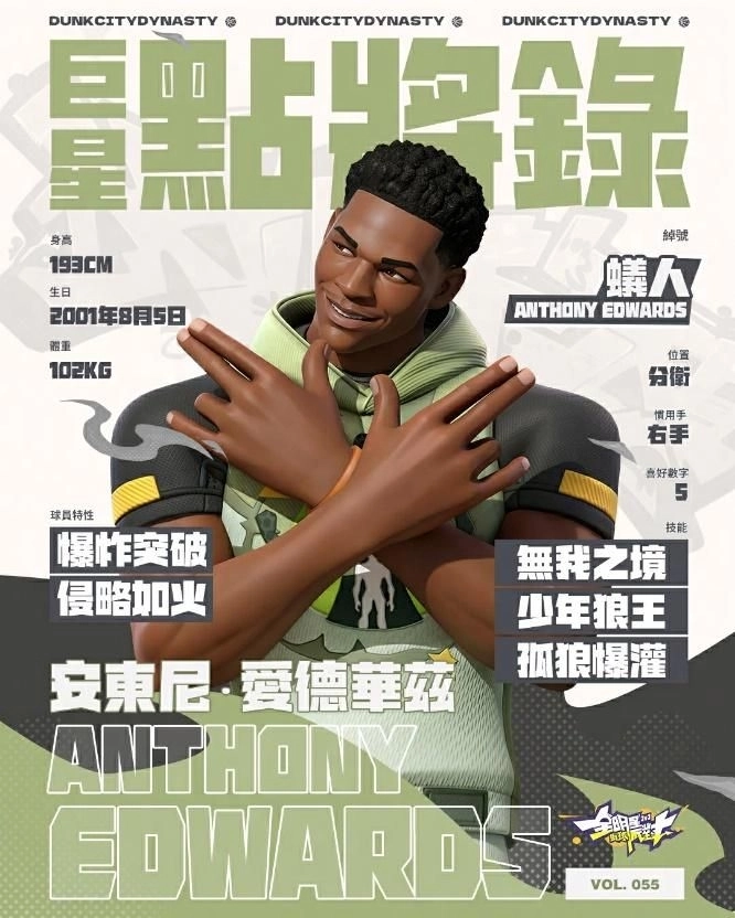 可能是玩具和顯示的文字是「 DUNKCITYDYNASTY NASTY DUNKCITVDYNASTY DUNKCITYDYNASTV 點點錄 報 身高 193CM 生日 工館人 紳號 蟻人 2001年8月5日 ANTHONY ANTHONYEDWARI EDWARDS 體重 102KG お衛 位置 お衛 價用手 右手 球員特性 爆作突破 侵略加火 喜好數字 5 技能 無我之境 少年狼王 孤狼爆灌 安東尼 安東尼·愛德華盛 愛德華盛 Τ EDWARDS VOL. VOL.055 055 糕 执纸」的插圖