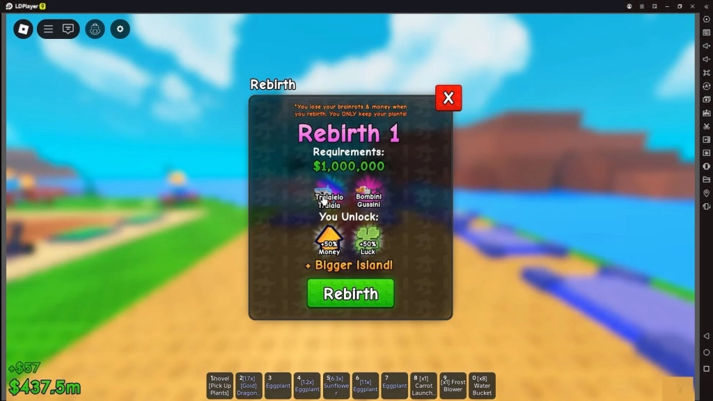 Menu Rebirth 1 yang membutuhkan pemain $1 juta dengan hadiah pulau yang lebih luas.
