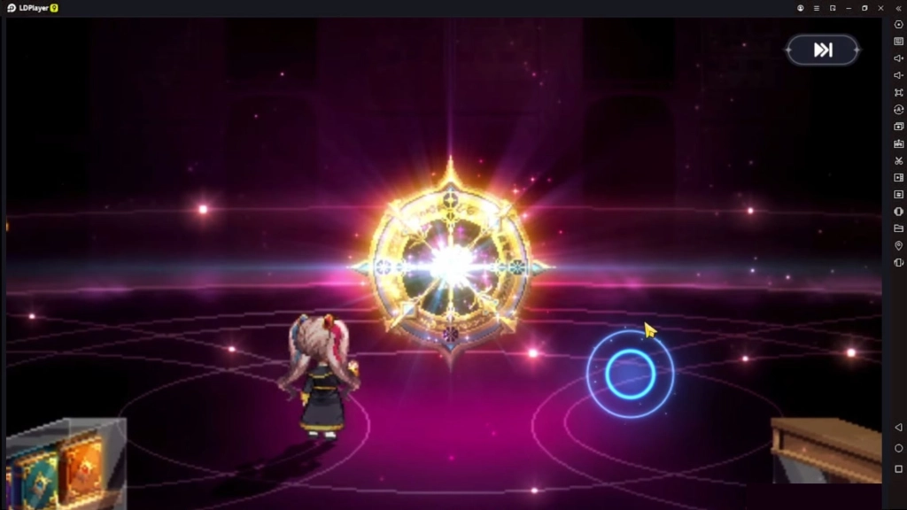 Animasi summon karakter dengan lingkaran cahaya emas terang di tengah layar.