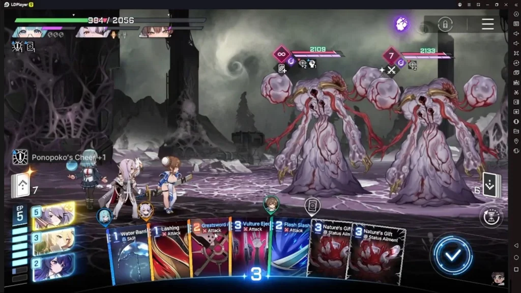 karakter Yuki di Chaos Zero Nightmare sedang memilih kartu Ponopoko's Cheer+1
