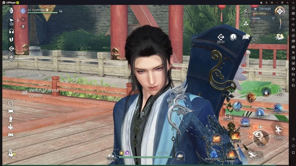 Celestune Sword of Justice sedang menunduk dengan senjata di punggungnya.