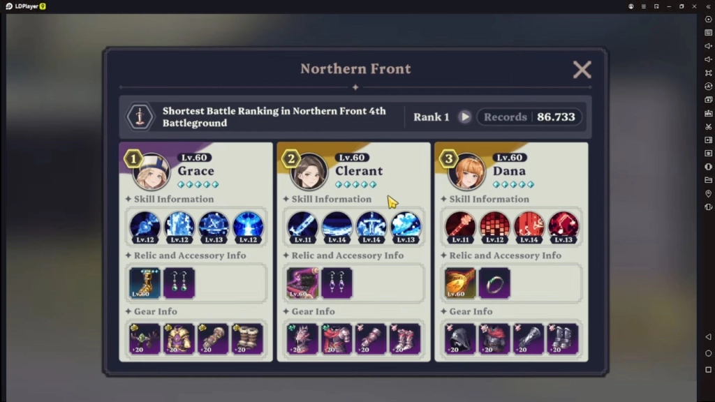 Tampilan Northern Front dengan daftar tim karakter Grace, Clerant, dan Dana level 60.