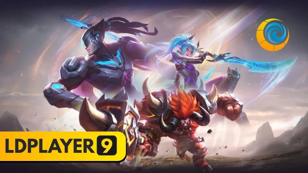 Poster promosi Mobile Legends dengan tiga hero dalam pose bertarung, dilengkapi logo LDPlayer 9 di pojok kiri bawah.
