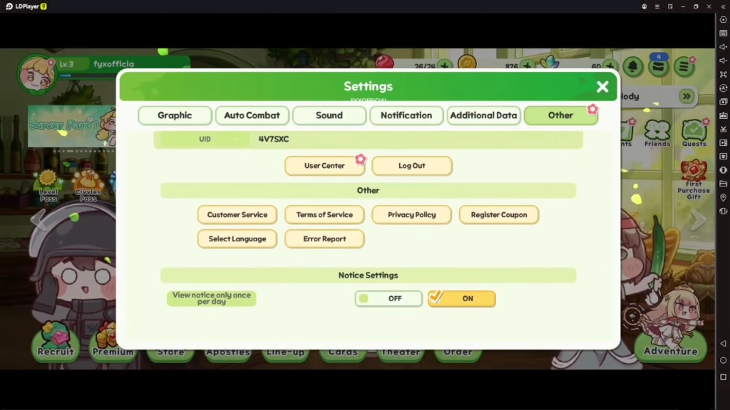 Tampilan setting untuk mencari menu untuk memasukkan kode yang bisa diklaim untuk berbagai hadiah.