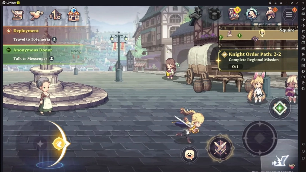 Adegan kota dalam game dengan karakter berjalan di alun-alun dan misi ditampilkan di sisi kanan.
