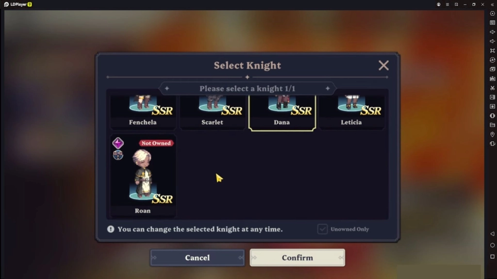 Menu pemilihan knight SSR dengan pilihan Fenchela, Scarlet, Dana, Leticia, dan Roan.