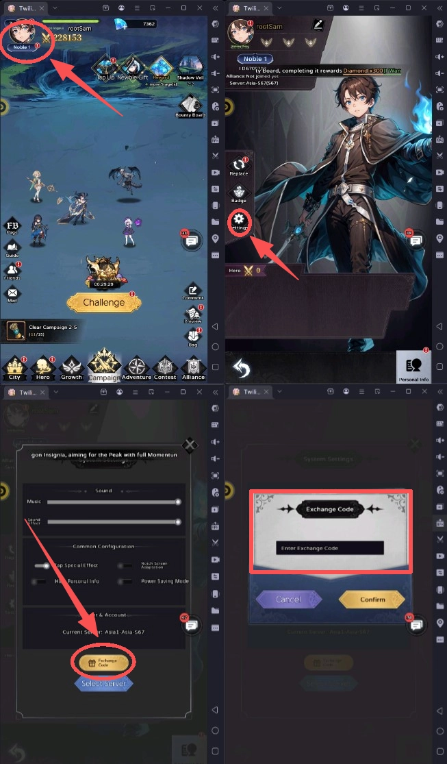 Использовать промокоды в Twilight Chronicle: Idle RPG