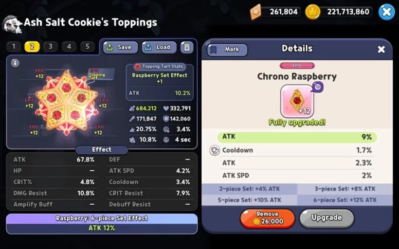 Best Toppings for Ash Salt Cookie Searing Raspberry Recommendation guide for Ash Salt Cookie's best toppings in Cookie Run: Kingdom, featuring the Searing Raspberry Tart setup to maximize her ATK stats and offensive pressure.