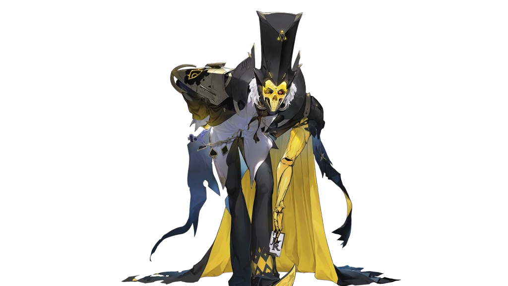 Chaos Zero Nightmare: Cassius yang berpose dengan memegang kartu di tangan kuningnya.