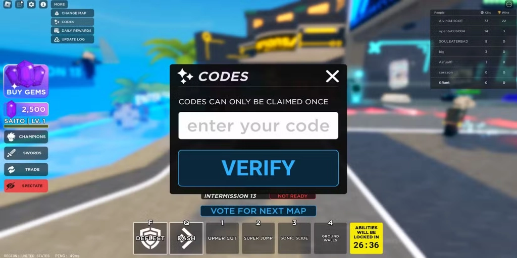 Redeeming Process for the Codes in Roblox Death Ball