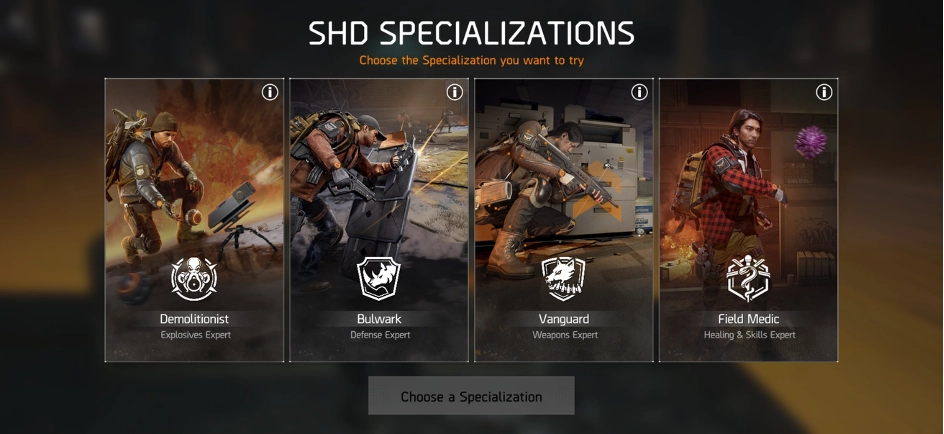 Specialization selection menu showing Demolitionist, Bulwark, Vanguard, and Field Medic classes for new players in The Division Resurgence.