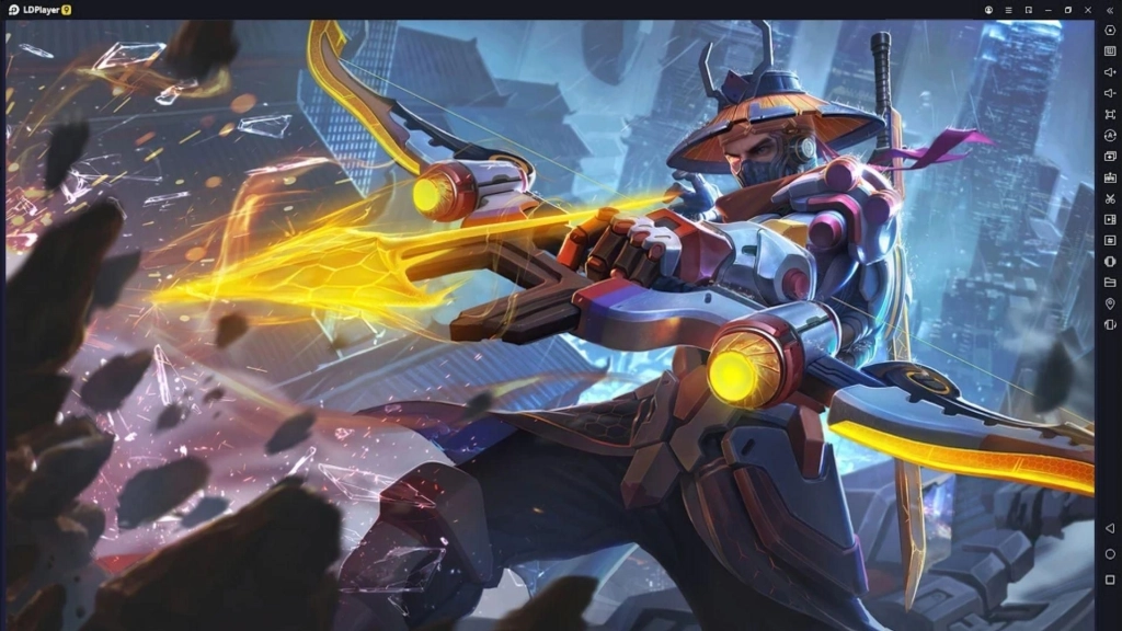 Hero Yi Sun Shin dengan baju zirah futuristik menembakkan panah energi berwarna kuning emas menggunakan busur besar, dengan latar kota modern yang hancur.