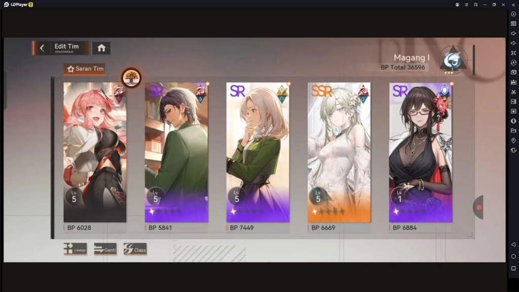 Pilihan karakter di Dragon Raja: ReRise dengan beberapa karakter level SR dan satu SSR.