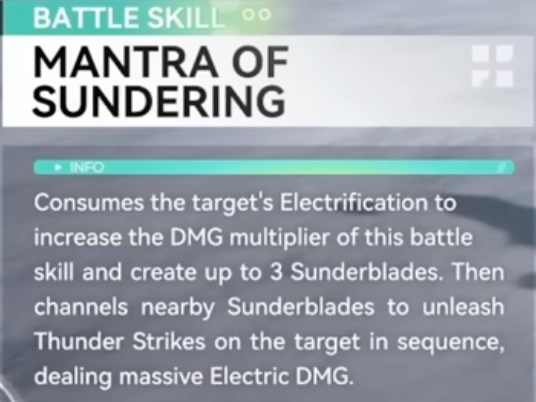 In-game screenshot explaining Zhuang Fangyi's Battle Skill: Mantra of Sundering, which consumes Electrification to summon Sunderblades.