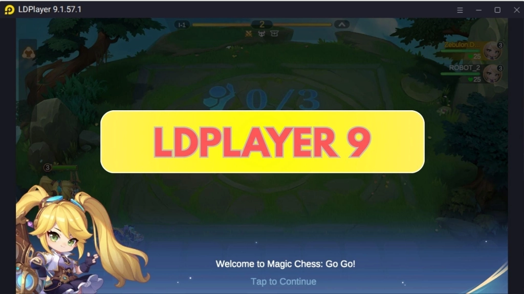 Tulisan LDPlayer 9 terpampang di tengah layar dengan karakter Layla di sebelah kiri-bawah.