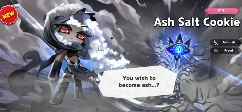 Ash Salt Cookie Run: Kingdom Guide Overview An introductory overview of Ash Salt Cookie in Cookie Run: Kingdom, highlighting her role as an Epic Ambush character positioned in the front line, alongside a complete build guide table of contents.