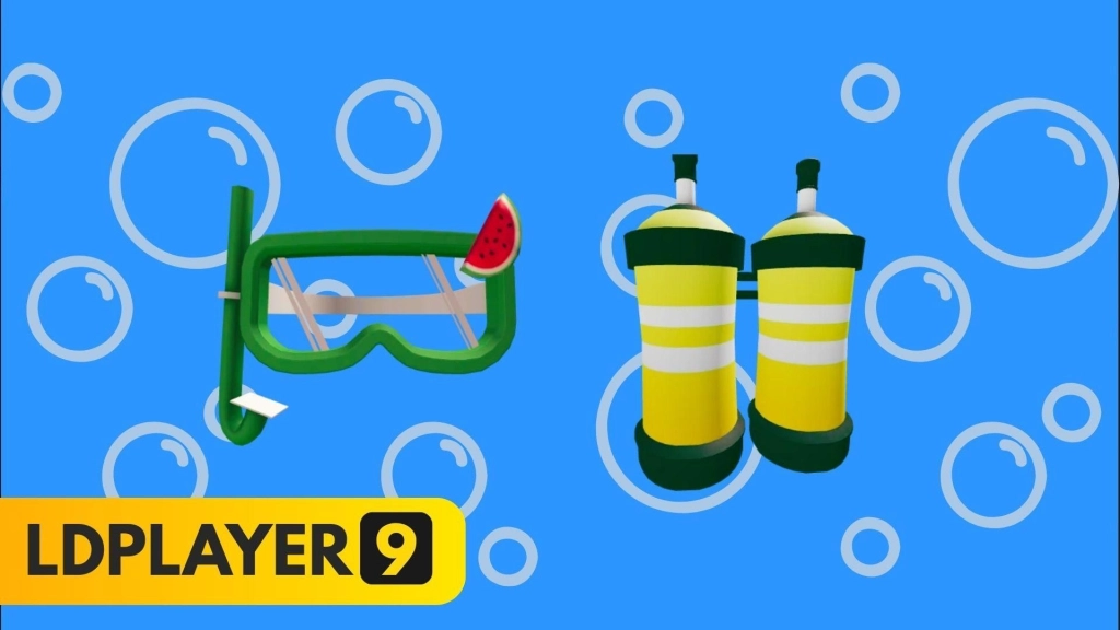 Ilustrasi perlengkapan menyelam bergaya kartun dengan latar biru: kacamata selam berwarna hijau dengan hiasan semangka kecil dan tabung oksigen kuning ganda. Di bagian bawah ada tulisan "LDPLAYER 9".