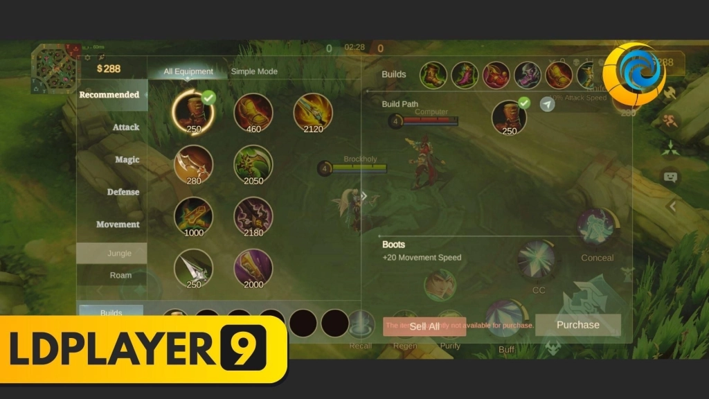 Tampilan antarmuka pembelian item dalam game Mobile Legends dengan hero bertarung di background dan logo LDPlayer 9.