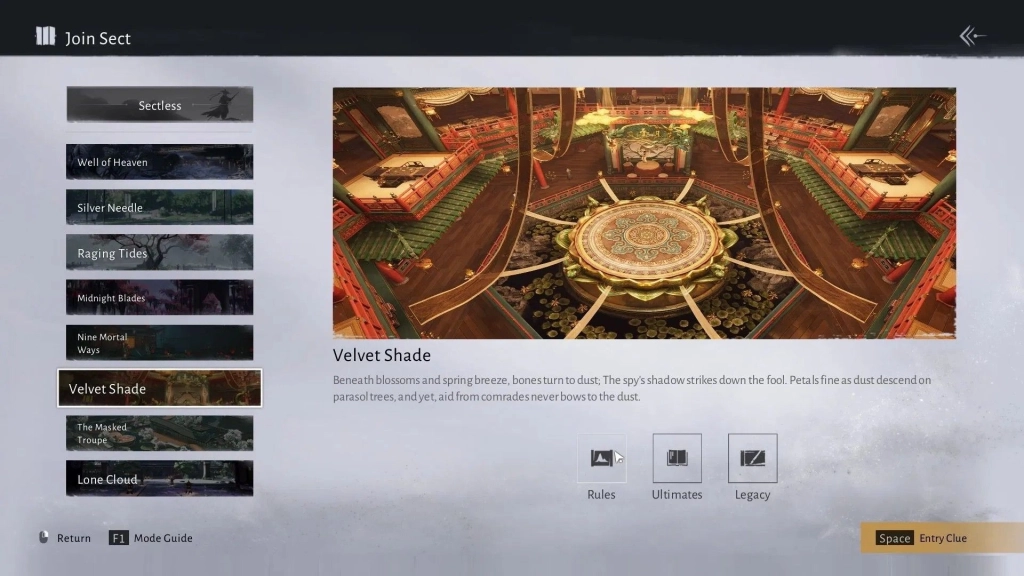 Секта Velvet Shade в игре Where winds meet