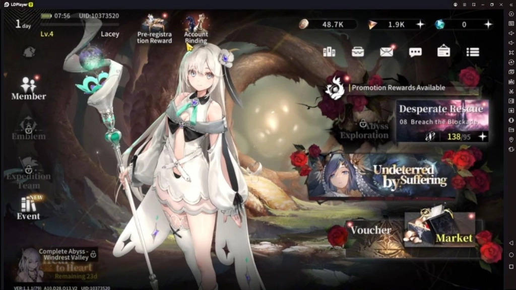 Tampilan menu utama game Elpis: Fallen Star dengan karakter Lacey di layar depan.