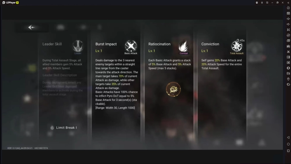 Tampilan detail skill karakter di Elpis: Fallen Star dengan deskripsi Leader Skill, Burst Impact, Ratiocination, dan Conviction.